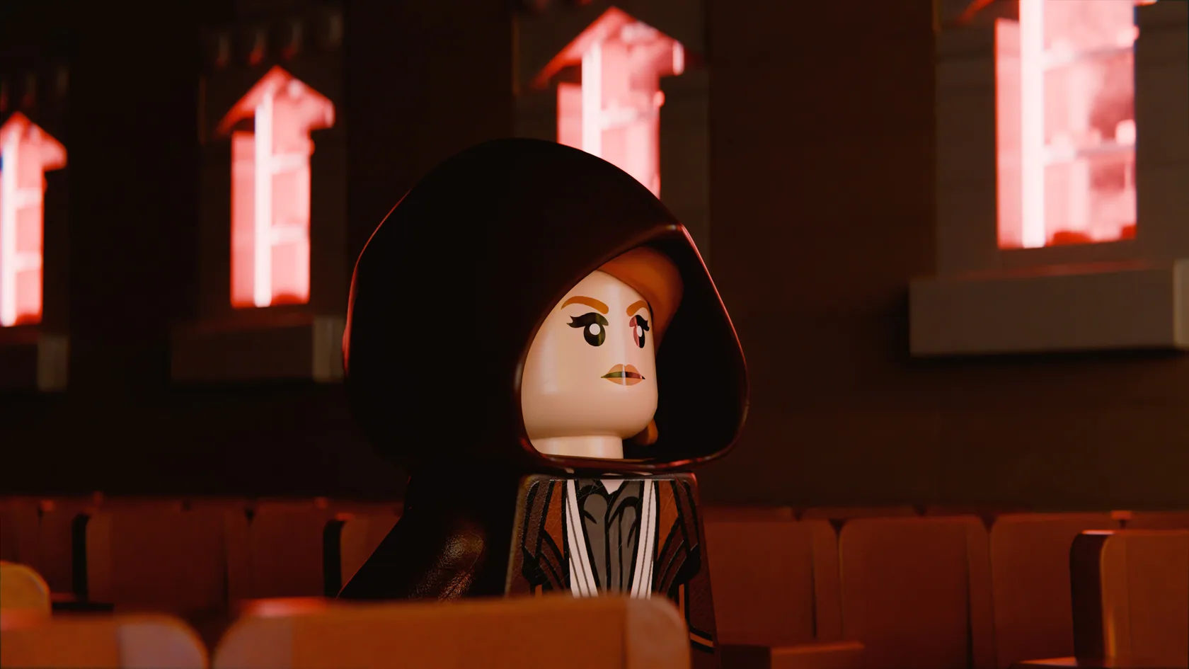 Hooded character in a dark church lit by red windows