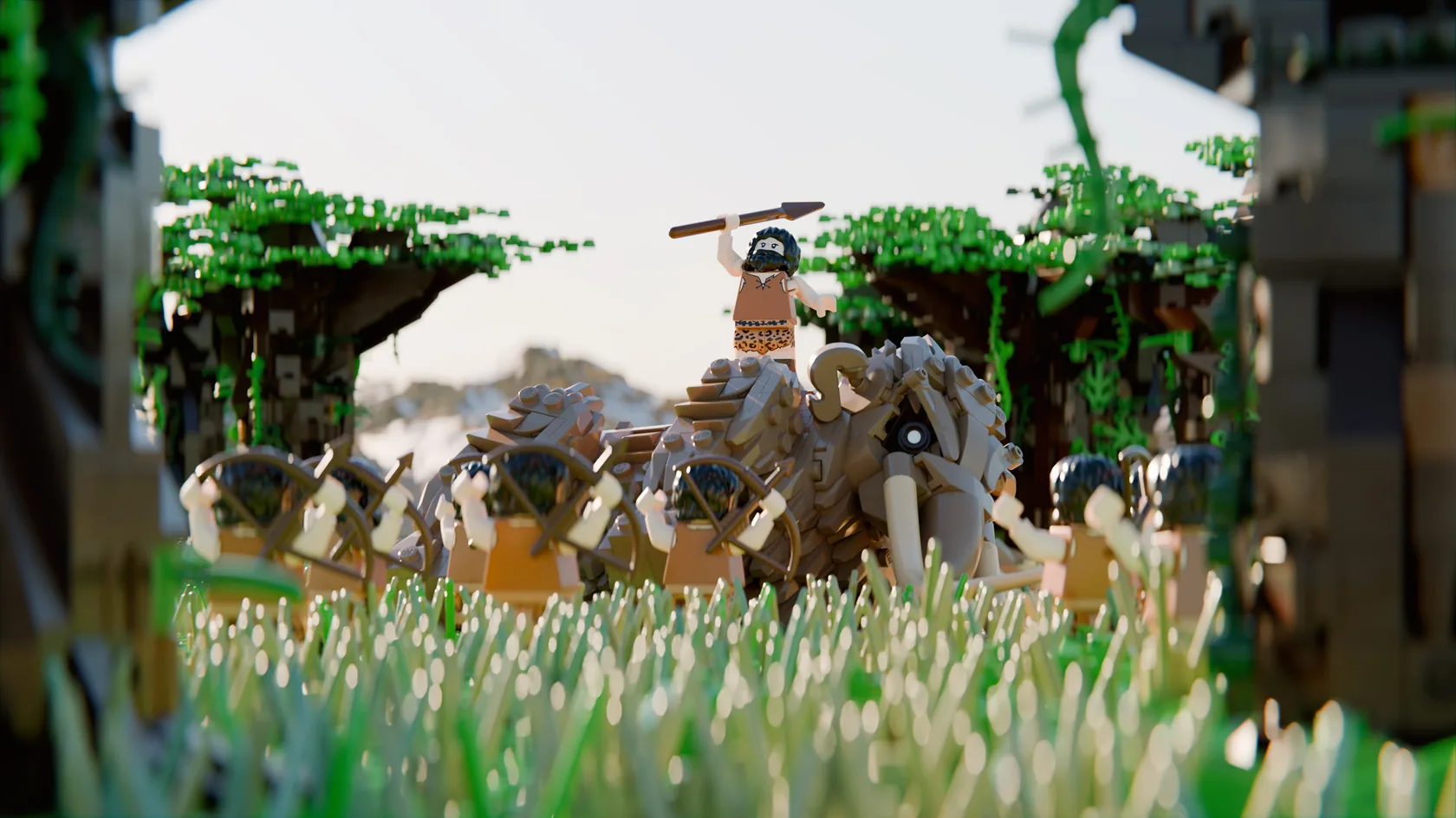 Caveman hunter riding through a forest scene