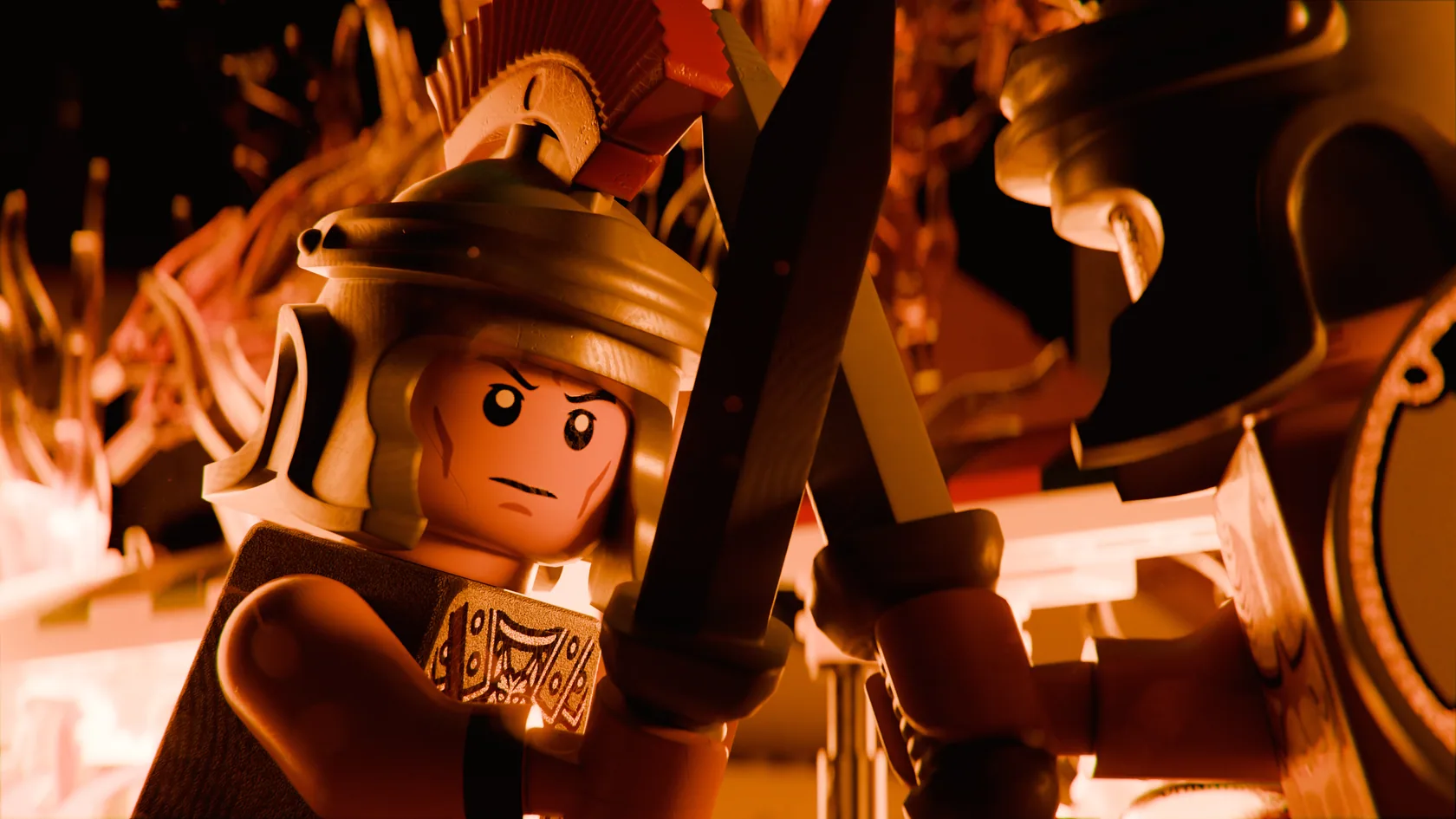 Warrior character in orange firelight during a confrontation